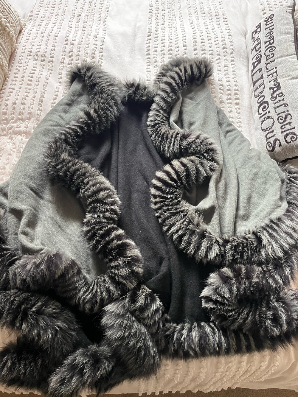 Cashmere Wool Blend Reversible Fur Draped Wrap